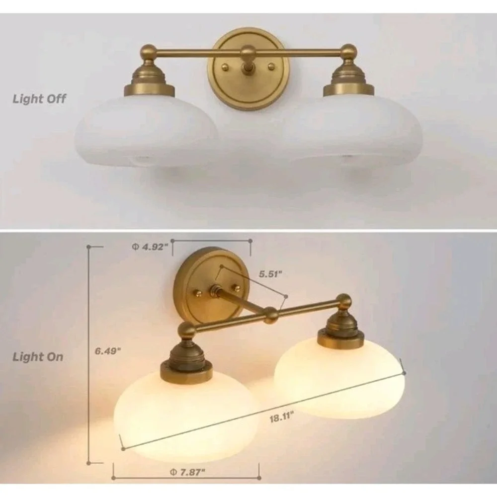 2-Lights Milk White Glass Wall Sconce Lighting Brass Finished, Double Arm Bat...